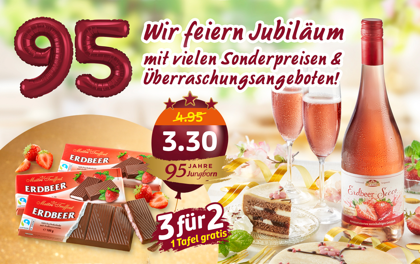 Erdbeer-Secco, Schokolade und Torte zum 95 Jahre Jubiläum