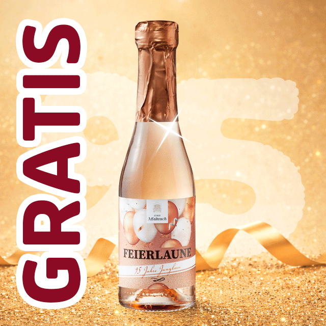 Sektflasche vor goldenem Hintergrund mit „Gratis 95“ Schrift