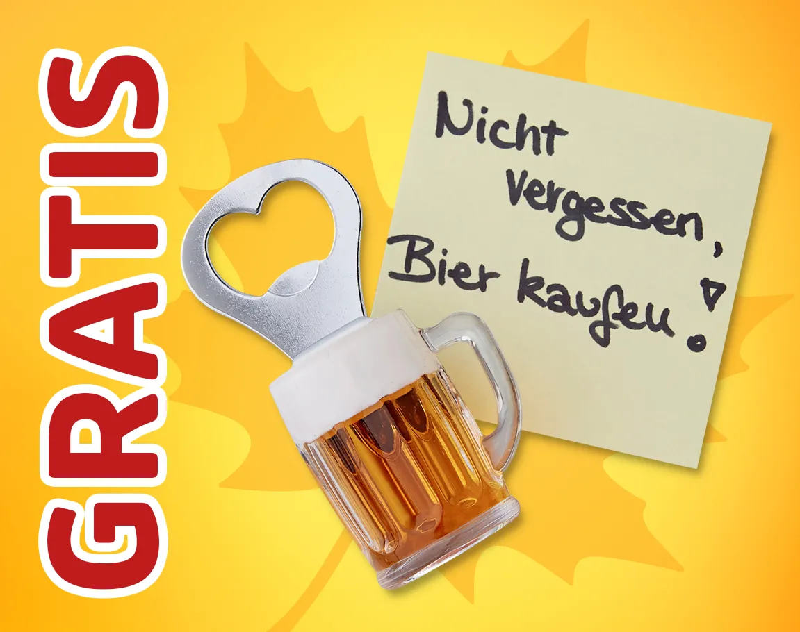 Gratis-Flaschenöffner in Bierkrugform mit Notizzettel