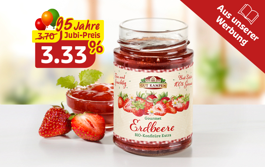 Erdbeerkonfitüre im Glas mit Preiskennzeichnung zum Jubiläum