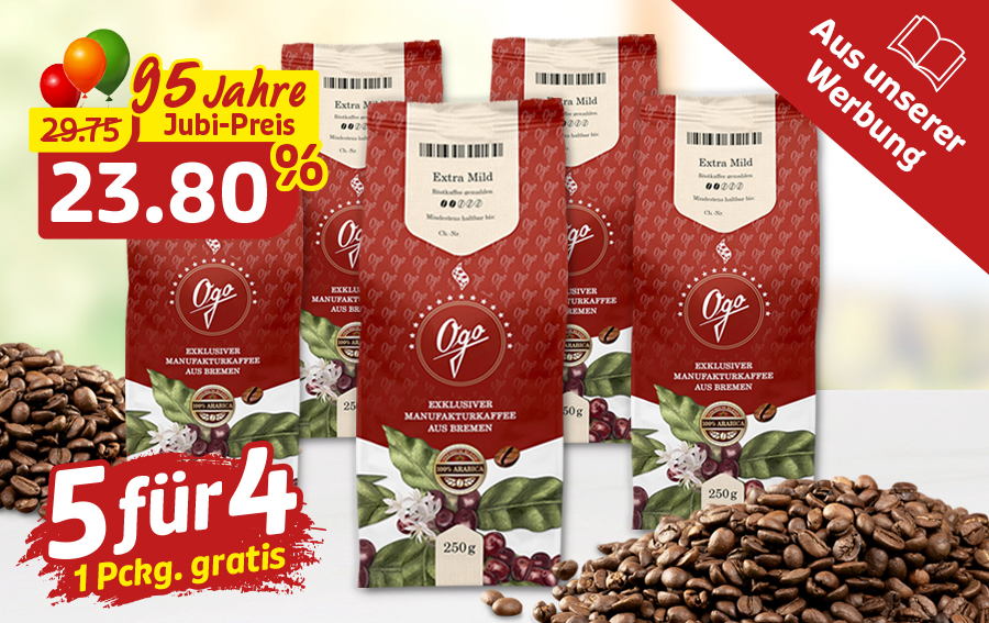 Mehrere Packungen Ogo Kaffee mit Jubiläumspreis und Aktion ›5 für 4‹