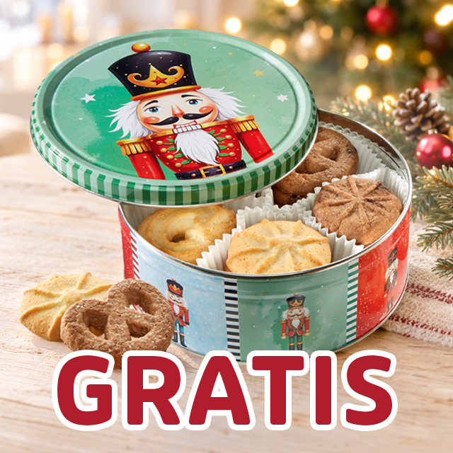 Gratis-Gebäckdose mit Nussknacker-Motiv und verschiedenen Plätzchen