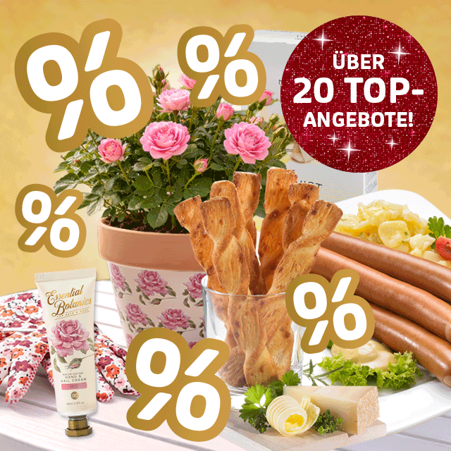 Verschiedene Jubiläumsangebote mit Lebensmitteln und Rabatten