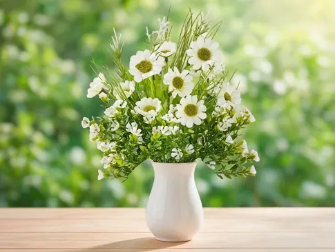 Dekorativer Kunstblumenstrauß mit weißen Blüten in einer weißen Vase