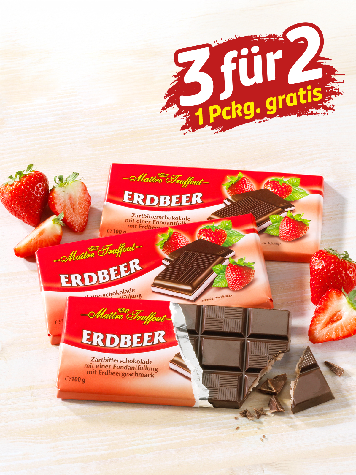 „3 für 2“ Erdbeer-Milchschokolade