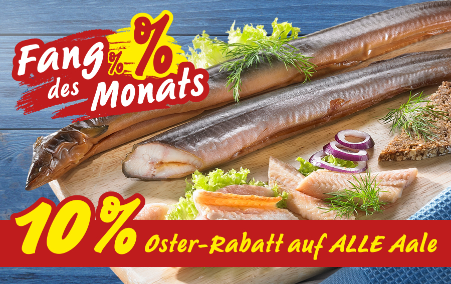 10% Rabatt: Frischer & geräucherter Aal auf Holzbrett mit Kräutern und Zwiebeln.