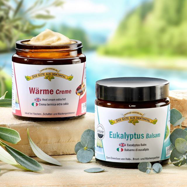 Wärmecreme und Eukalyptus-Balsam in entspannter Naturkulisse