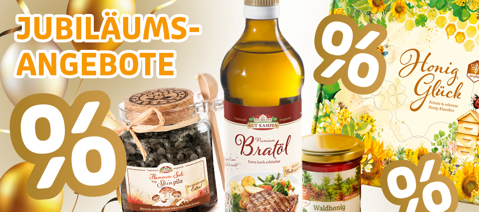 Jubiläumsangebote mit Öl, Honig und Feinkost, umgeben von Prozentzeichen.