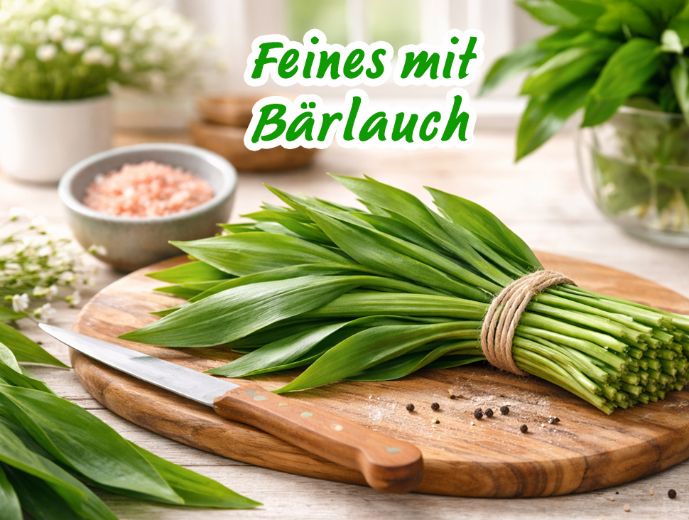 Frischer Bärlauch gebündelt auf Holzbrett mit Küchenutensilien