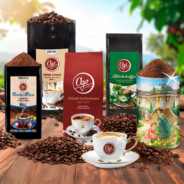 Verschiedene Ogo Kaffeesorten mit Bohnen und Tasse arrangiert