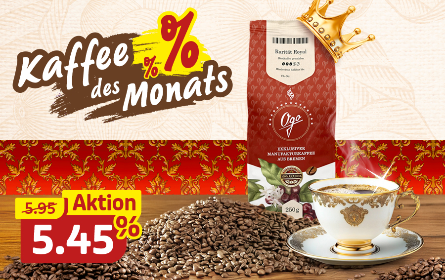 Edler Kaffee des Monats mit Tasse und Bohnen