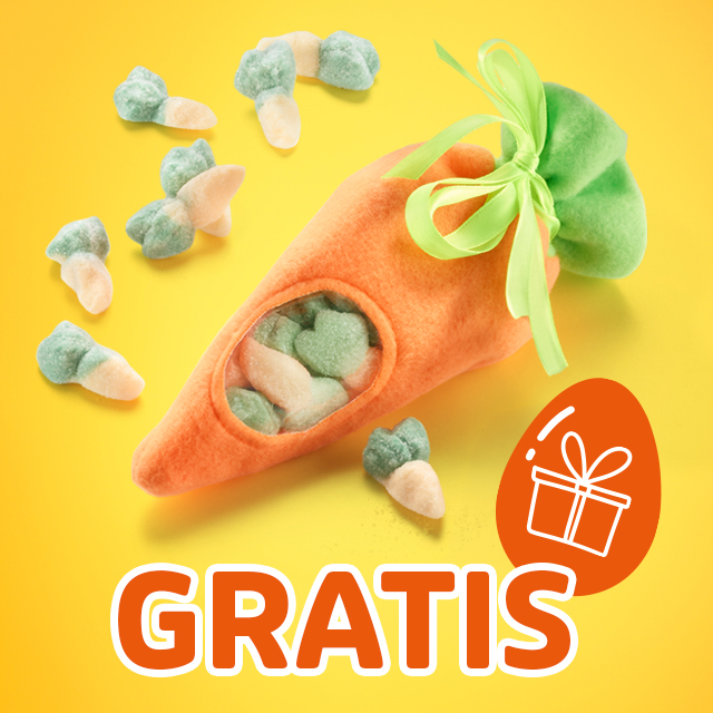 Gratis Karotten-Gummibonbons im Osterdesign mit Schleife