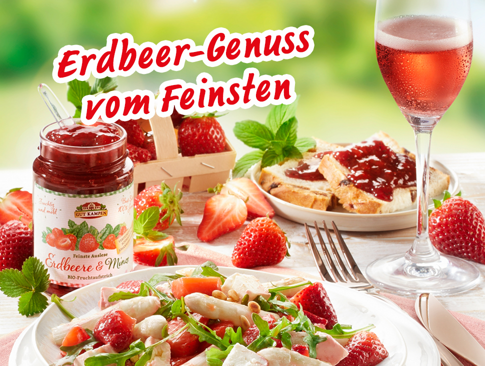 BIO Erdbeer-Konfitüre mit frischen Erdbeeren, Toast und Salat auf Holztisch