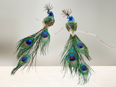 Dekorative Pfaufiguren mit schimmernden Federn