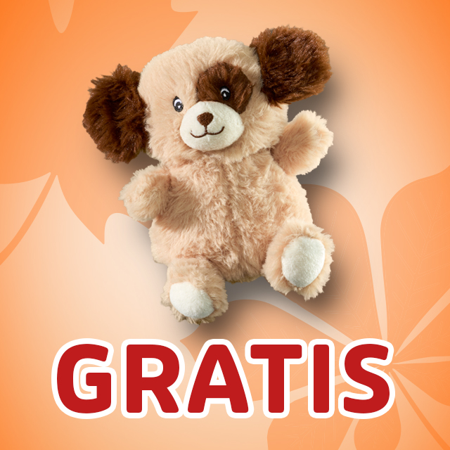 Gratis-Plüschhund in Beige und Braun auf orangefarbenem Hintergrund